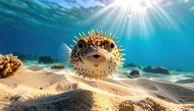 A Spiky Pufferfish Inflating Itself Underwater with Sunlight Beaming Down