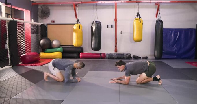 Following coach cue trainee transitions forearms to cobra pose on mat