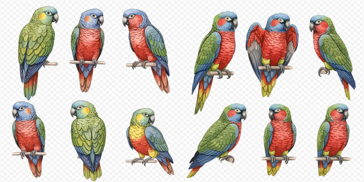 Collection of vibrant watercolor parrots and parakeets in various poses, isolated on a transparent background, perfect for tropical designs.