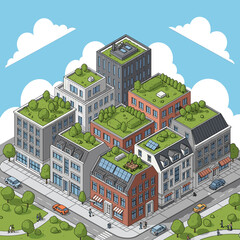 Obraz premium Isometric illustration of a modern city block with buildings featuring green roofs, solar panels, and lush trees, showcasing sustainable urban planning and eco-friendly architecture.