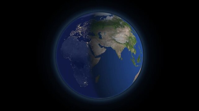 Realistic Earth globe rotating in space showing day and night with glowing city lights