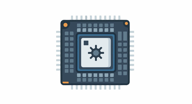 A flat illustration of a dark grey central processing unit with a star symbol on a light blue background