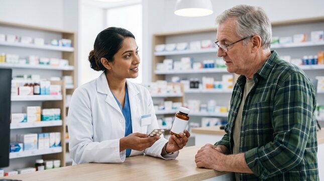 Pharmacist explains medication to senior man at pharmacy counter with shelves of medicine in background