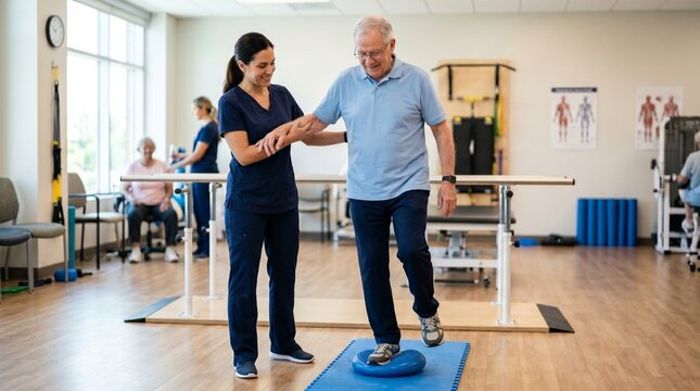 Physical therapist assists elderly man with balance exercise on wobble cushion in rehabilitation clinic