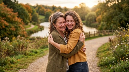 Fototapeta premium Mother and daughter embracing outdoors in autumn park with warm sunlight and colorful trees