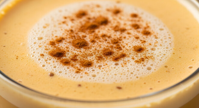 Macro focus shot of frothy ponche de maca or maca punch, healthy fresh Latin American juice drink from Peru. Made from fruits like apples, maracuya (passion fruit), maca roots, and carrots