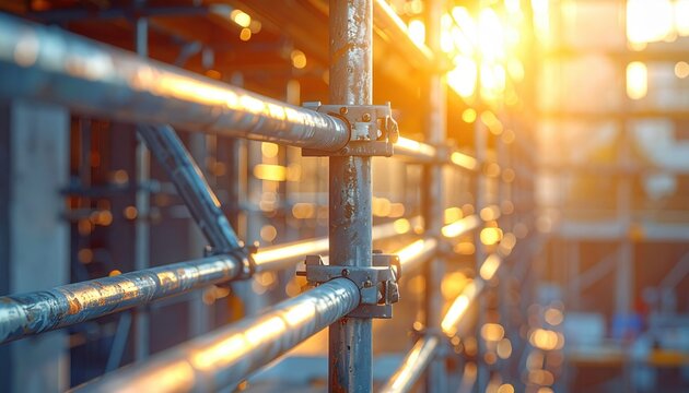 Close-up of metallic scaffolding structure bathed in warm golden sunlight at a construction site