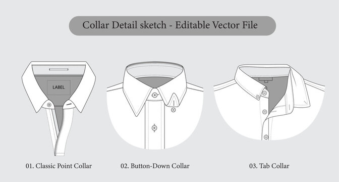 Shirt Collar Technical Flat Sketch Set, Classic Point Collar, Button-Down and Tab Collar Editable Vector Collection for Fashion CAD and Tech Pack Design