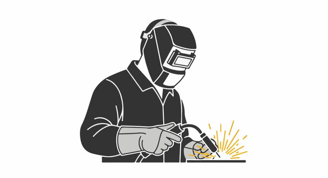Welder in protective gear performs welding work, creating bright sparks
