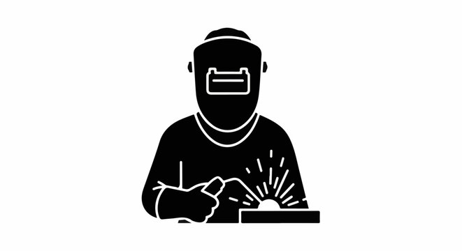 A stylized, black silhouette of a welder at work, sparks flying