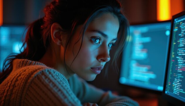Young woman types code on computer screen. Female programmer works late night in dark office illuminated by monitor glow. Focused coder with intense look studies software development.