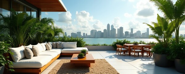 Obraz premium Miami rooftop terrace with sectional sofa and dining set. Palm trees and lush plants surround lounge area. City skyline and bay view create backdrop for luxury outdoor living.