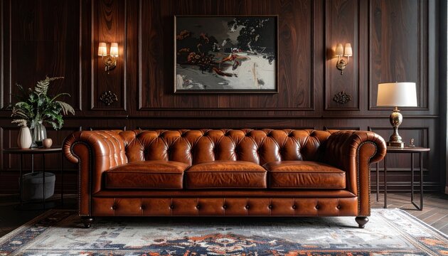 Curved Cognac Leather Chesterfield Sofa with Classic Wall Paneling and Artwork