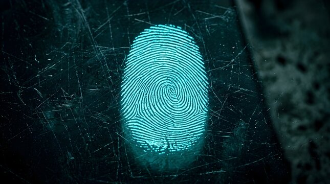 Glowing Cyan Fingerprint Impression on a Scratched Dark Glass Surface