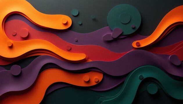 Abstract background design with colorful wavy layers, circular elements. Composition features overlapping paper cutouts in orange red purple, green hues. This visual is modern dynamic, textured.