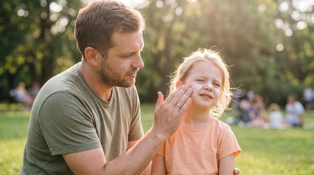 Father applying protective sunscreen lotion to his young daughter's face while outdoors in a sunny park