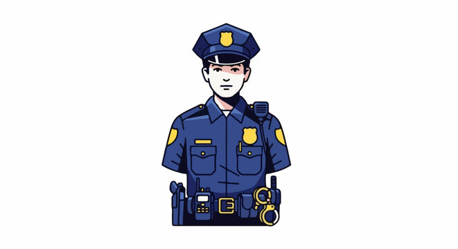 A stylized, pixelated illustration of a police officer in uniform with gear