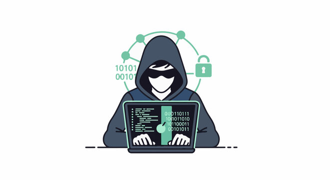 Hacker in hood working on laptop with binary code and lock icon
