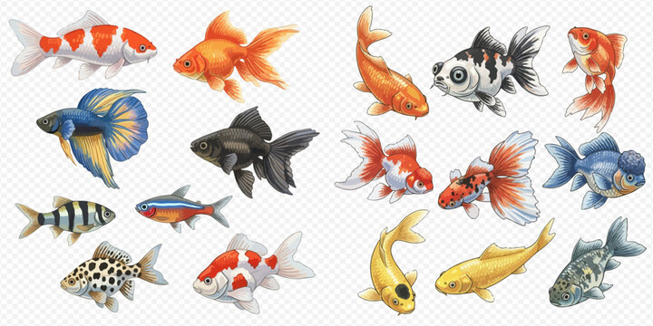 Collection of various colorful aquarium fish species, including goldfish, koi, and betta fish, on a transparent background.