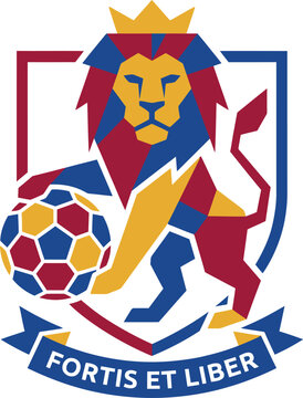 Soccer club crest with lion mascot shield and latin motto fortis et liber