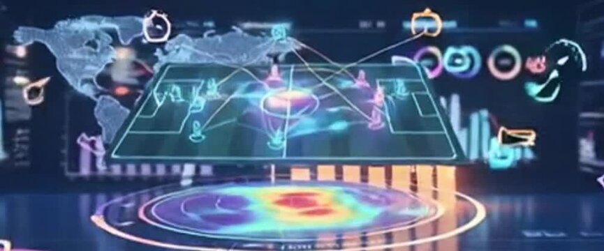 Detailed macro close-up of 3d virtual football pitch showing moving glowing neon tactical lines and strategy.