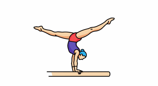 A stylized illustration of a gymnast performing a handstand on a balance beam