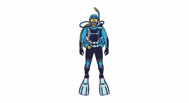 A person dressed in a blue and black scuba diving suit, complete with mask and flippers