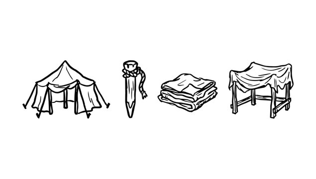 Camping rest doodle line set with tent, stake tool, folded bedding, and outdoor cot