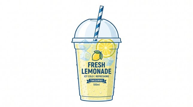 Vector illustration of fresh lemonade takeaway plastic cup with straw, ice cubes and lemon slices isolated on white background