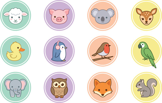 Cute Animals and Birds Round Highlight Icon Set Featuring Baby Sheep Pig Koala Deer Duck Penguin Robin Parrot Elephant Owl Fox and Squirrel Avatar Vectors