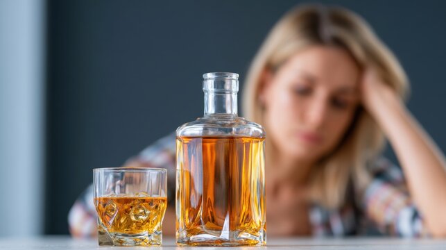 Young woman with blonde hair sitting at a table, head resting on hand, with a glass and bottle of whiskey in front, blurred background emphasizing her expression