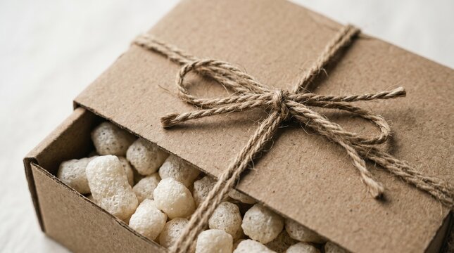 Close up shot of eco friendly cardboard craft box tied with jute rope bow filled with biodegradable packing peanuts