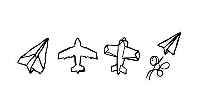 Paper aviation doodle line set with folded planes, airplane silhouette, scissors, and flying arrow
