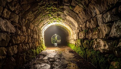 Naklejka premium An ancient stone tunnel with mossy walls illuminated by distant light, evoking mystery and exploration