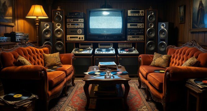 Vintage Hi-Fi Stereo System in Dark Wood Living Room