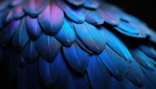 Close-up macro shot of iridescent blue and purple bird feathers. Detailed texture of plumage shows fine barbules. Natural beauty of avian wing structure.