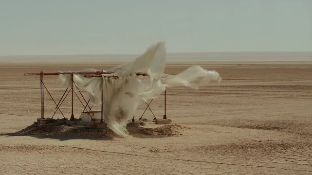 Windy desert scene with abandoned oil derrick and billowing fabrics amidst arid landscape