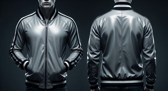 Silver Leather Bomber Jacket Fashion Model Studio Shot