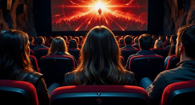 Epic Sci-Fi Movie Theater Audience Watching Futuristic Action Film Screen