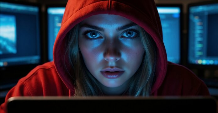 Cyberpunk Hacker Girl in Hood Facing Computer Screens Glare