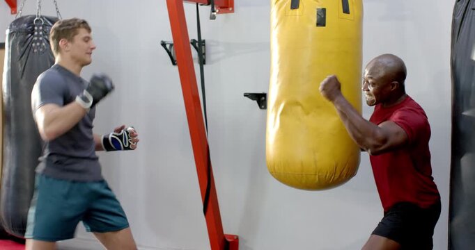Entering gym diverse trainer and trainee holding heavy bag practicing combos and fist bumping