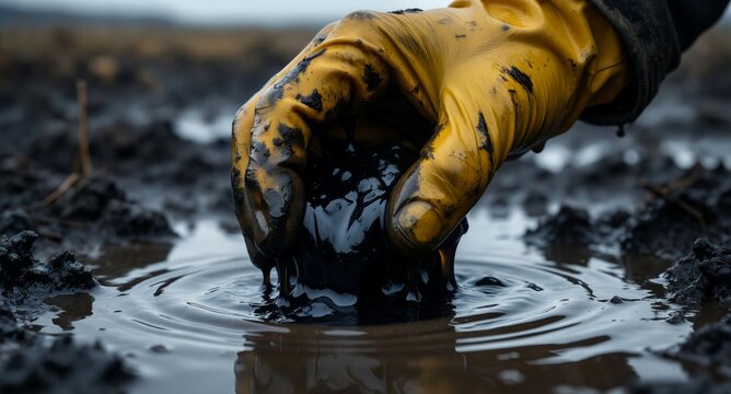 Gloves dipping into dark mud puddle texture close-up nature photography