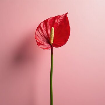 Single vibrant red anthurium flower with yellow spadix on long green stem. Soft pink background with subtle shadow creates minimalist elegant composition for design.