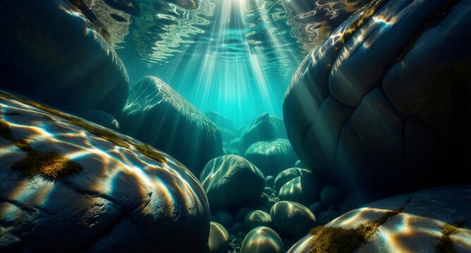 Underwater Sunlight Rays Through Sea Rocks Cavern Blue Ocean Nature