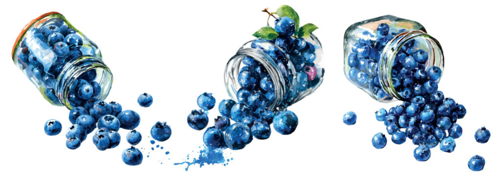 Fresh blueberries spilling from glass jars, watercolor painting illustrating organic fruit harvest, natural antioxidant food, health and freshness concept still life