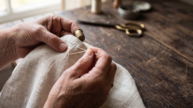 Close-up of elderly hands sewing linen fabric with a needle and thimble on a rustic wooden table