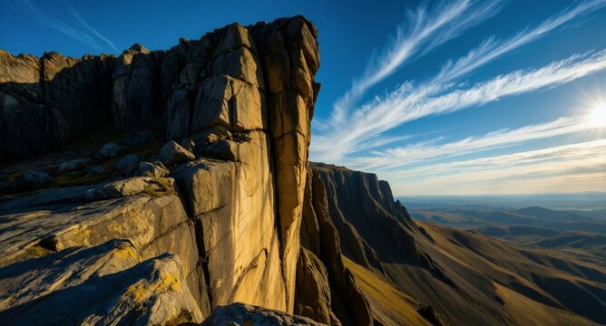 Dramatic Sunset Over Towering Rocky Cliffs Landscape Mountain Vista