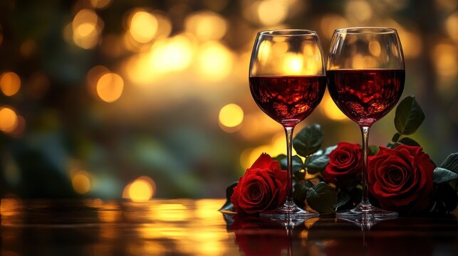 Two elegant glasses of red wine sit beside fresh roses as the sun sets, creating warmth