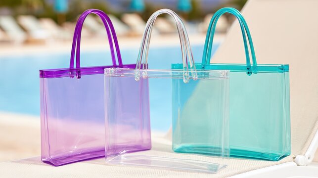 Transparent jelly tote bags in purple, clear, and turquoise colors displayed on a sun lounger beside a swimming pool in a bright outdoor setting