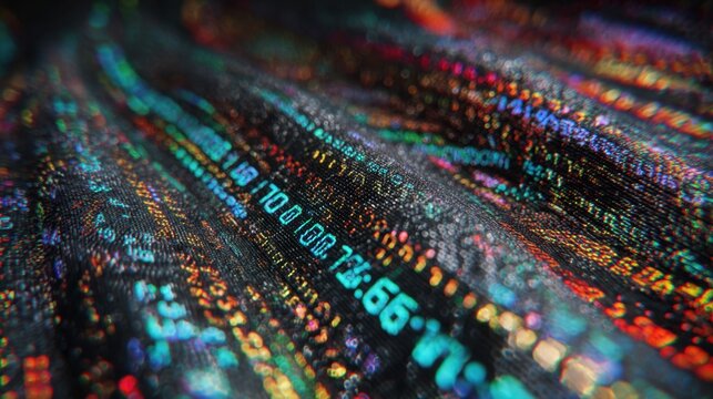 Abstract digital cyber data background texture with colorful binary computer code matrix network line neon security encryption glitch screen wave programming technology pixel backdrop concept